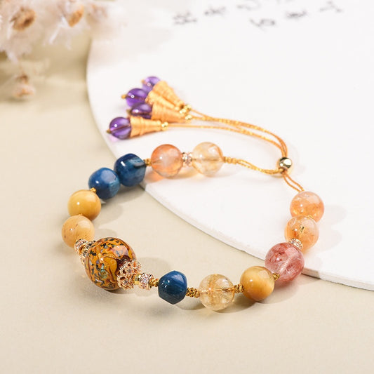 Traditional Lacquer Craft Multi-Gem Adjustable Beaded Bracelet - Rose Quartz, Blue Crystal, Citrine, Gold Thread - Earth+Fire Element, Culture & Prosperity
