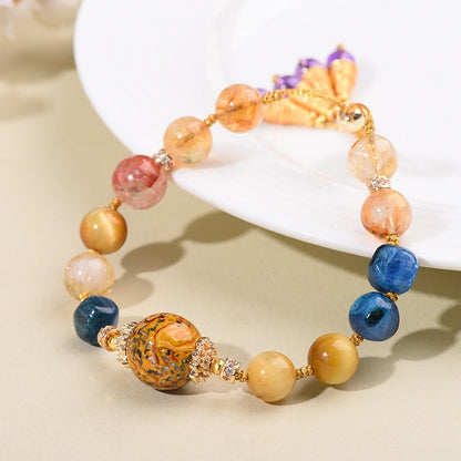 Traditional Lacquer Craft Multi-Gem Adjustable Beaded Bracelet - Rose Quartz, Blue Crystal, Citrine, Gold Thread - Earth+Fire Element, Culture & Prosperity