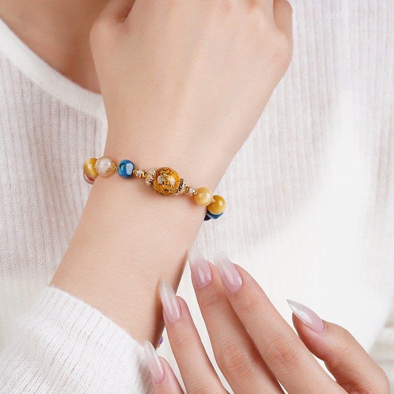 Traditional Lacquer Craft Multi-Gem Adjustable Beaded Bracelet - Rose Quartz, Blue Crystal, Citrine, Gold Thread - Earth+Fire Element, Culture & Prosperity