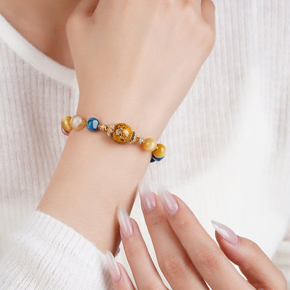 Traditional Lacquer Craft Multi-Gem Adjustable Beaded Bracelet - Rose Quartz, Blue Crystal, Citrine, Gold Thread - Earth+Fire Element, Culture & Prosperity