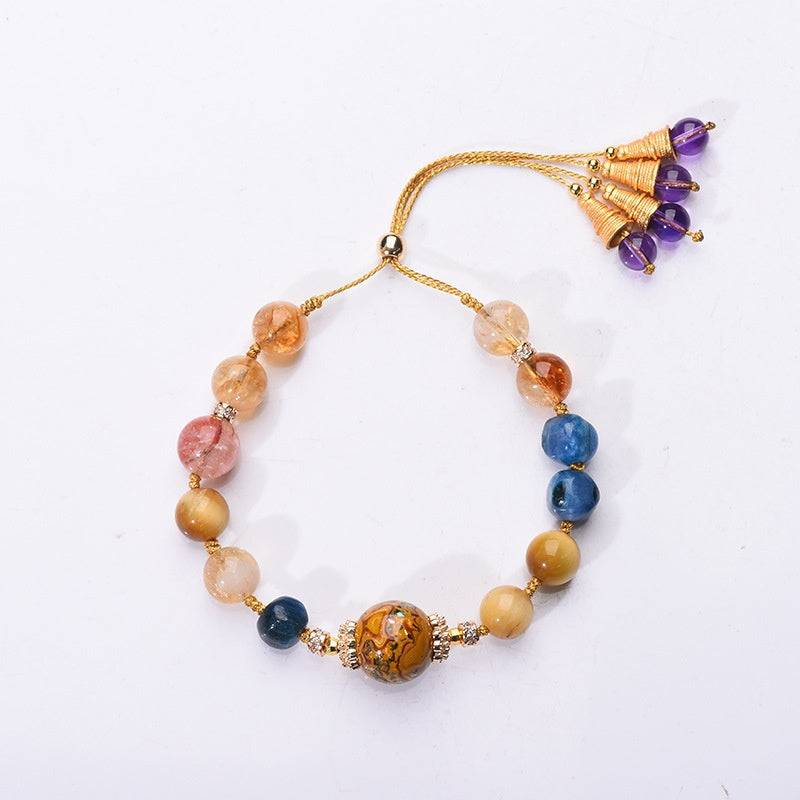 Traditional Lacquer Craft Multi-Gem Adjustable Beaded Bracelet - Rose Quartz, Blue Crystal, Citrine, Gold Thread - Earth+Fire Element, Culture & Prosperity