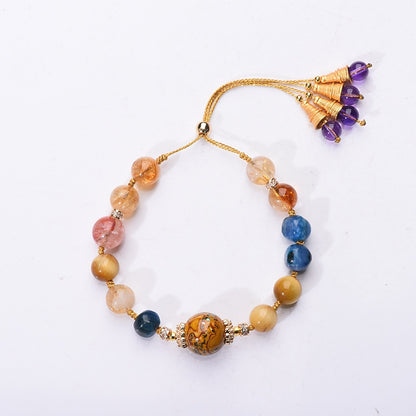 Traditional Lacquer Craft Multi-Gem Adjustable Beaded Bracelet - Rose Quartz, Blue Crystal, Citrine, Gold Thread - Earth+Fire Element, Culture & Prosperity