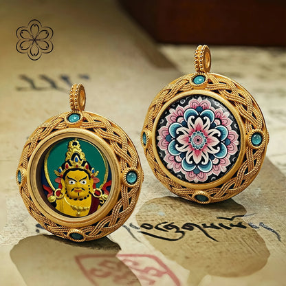 Yellow Jambhala Thangka  Pendant - Wealth & Prosperity Talisman Necklace Car Charm