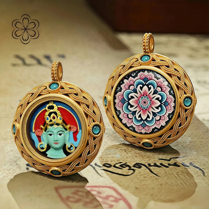 Green Tara Thangka  Pendant - Compassion & Protection Talisman Necklace Car Charm