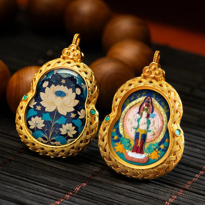 Thousand-Armed Chenrezig Handmade Thangka Gahu Pendant - Compassion & Healing Talisman
