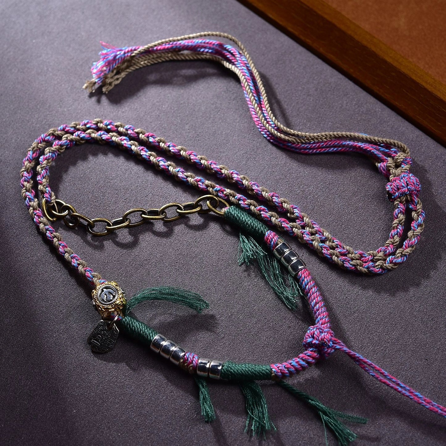 Tibetan Buddha Pendant Asymmetric Handwoven Cotton String Necklace with Metal Chain - Spiritual Charm & Bold Style