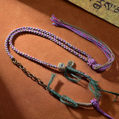 Tibetan Buddha Pendant Asymmetric Handwoven Cotton String Necklace with Metal Chain - Spiritual Charm & Bold Style