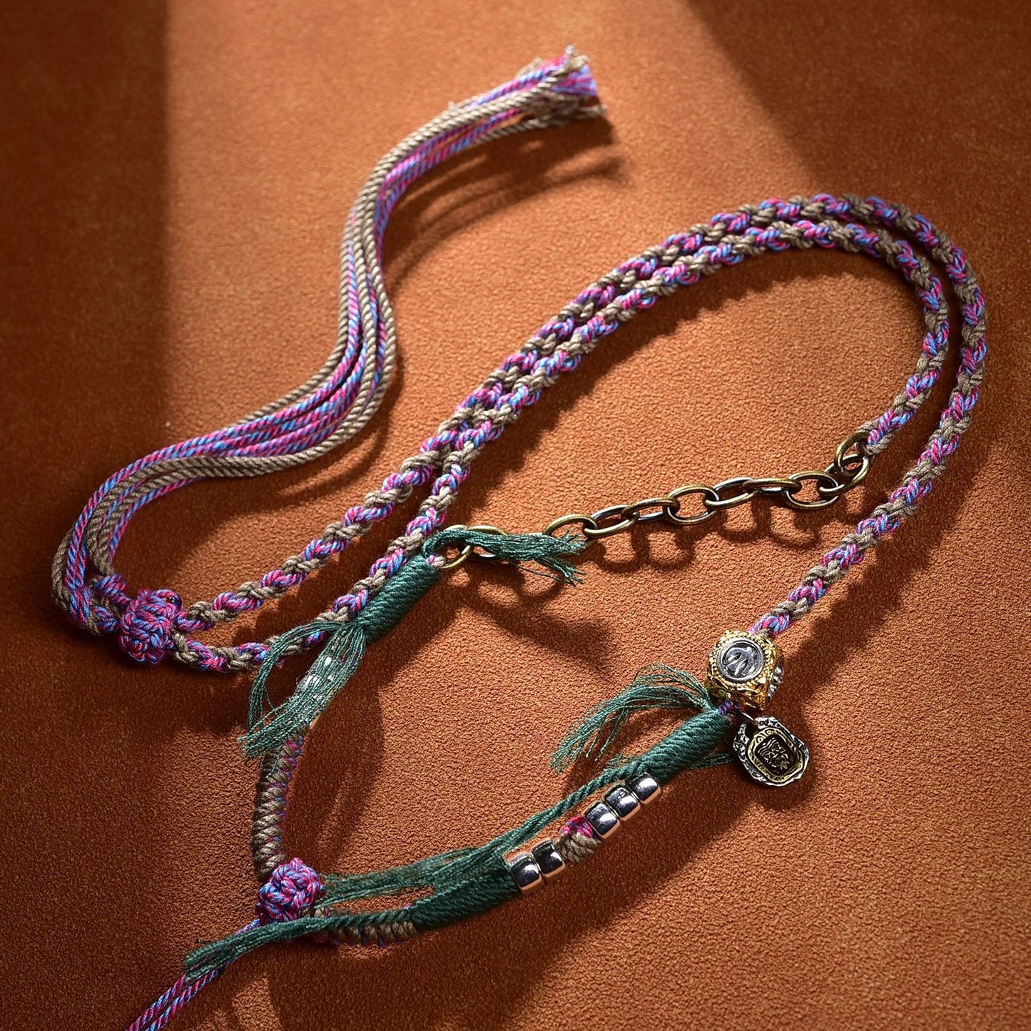 Tibetan Buddha Pendant Asymmetric Handwoven Cotton String Necklace with Metal Chain - Spiritual Charm & Bold Style