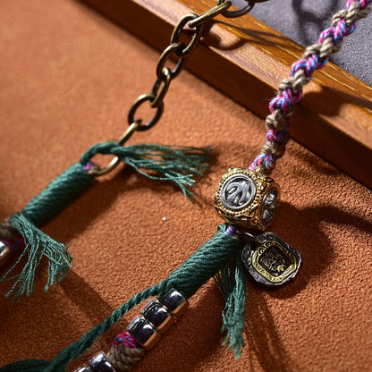 Tibetan Buddha Pendant Asymmetric Handwoven Cotton String Necklace with Metal Chain - Spiritual Charm & Bold Style