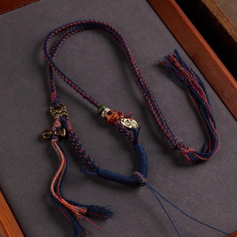Tibetan Buddhist Traditional Tassel Handwoven Adjustable Cotton String Necklace - Vajra Knot, Brass Accessories & Ox Bone - Earth+Metal Element, Protection & Cultural Heritage