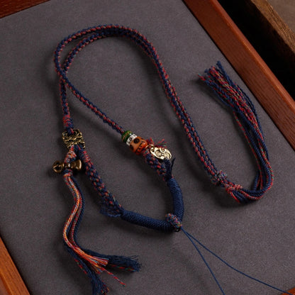 Tibetan Buddhist Traditional Tassel Handwoven Adjustable Cotton String Necklace - Vajra Knot, Brass Accessories & Ox Bone - Earth+Metal Element, Protection & Cultural Heritage