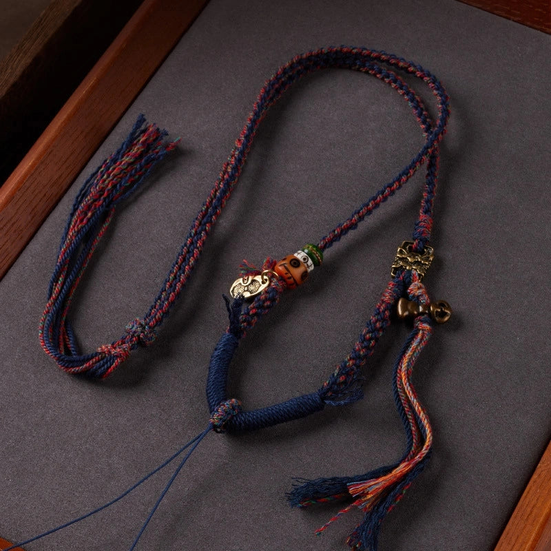 Tibetan Buddhist Traditional Tassel Handwoven Adjustable Cotton String Necklace - Vajra Knot, Brass Accessories & Ox Bone - Earth+Metal Element, Protection & Cultural Heritage