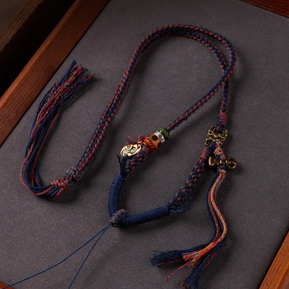 Tibetan Buddhist Traditional Tassel Handwoven Adjustable Cotton String Necklace - Vajra Knot, Brass Accessories & Ox Bone - Earth+Metal Element, Protection & Cultural Heritage
