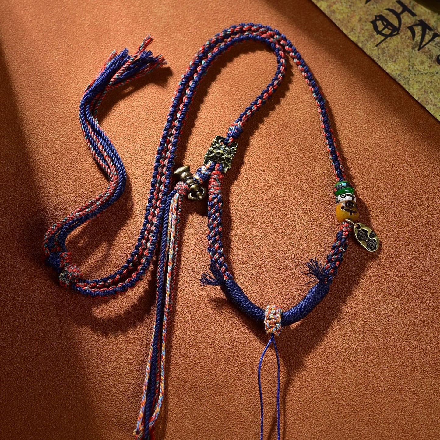 Tibetan Buddhist Traditional Tassel Handwoven Adjustable Cotton String Necklace - Vajra Knot, Brass Accessories & Ox Bone - Earth+Metal Element, Protection & Cultural Heritage