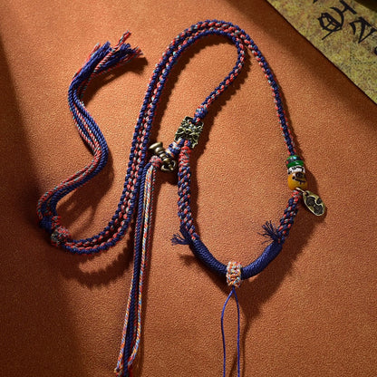 Tibetan Buddhist Traditional Tassel Handwoven Adjustable Cotton String Necklace - Vajra Knot, Brass Accessories & Ox Bone - Earth+Metal Element, Protection & Cultural Heritage