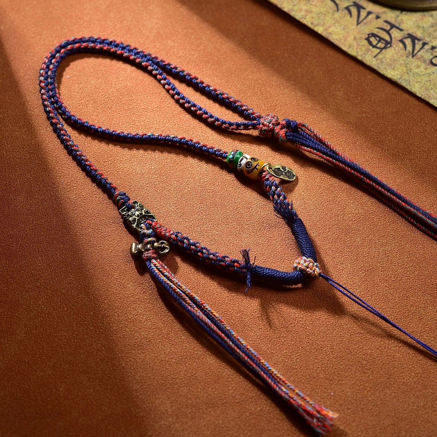 Tibetan Buddhist Traditional Tassel Handwoven Adjustable Cotton String Necklace - Vajra Knot, Brass Accessories & Ox Bone - Earth+Metal Element, Protection & Cultural Heritage