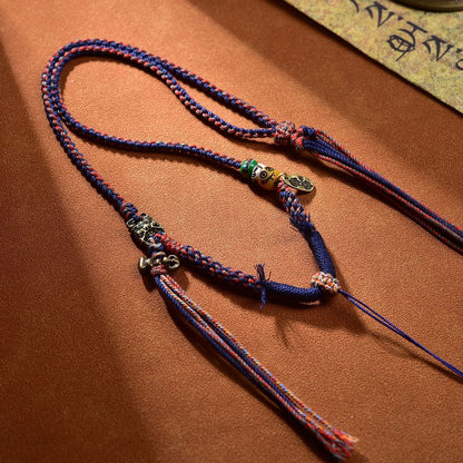 Tibetan Buddhist Traditional Tassel Handwoven Adjustable Cotton String Necklace - Vajra Knot, Brass Accessories & Ox Bone - Earth+Metal Element, Protection & Cultural Heritage