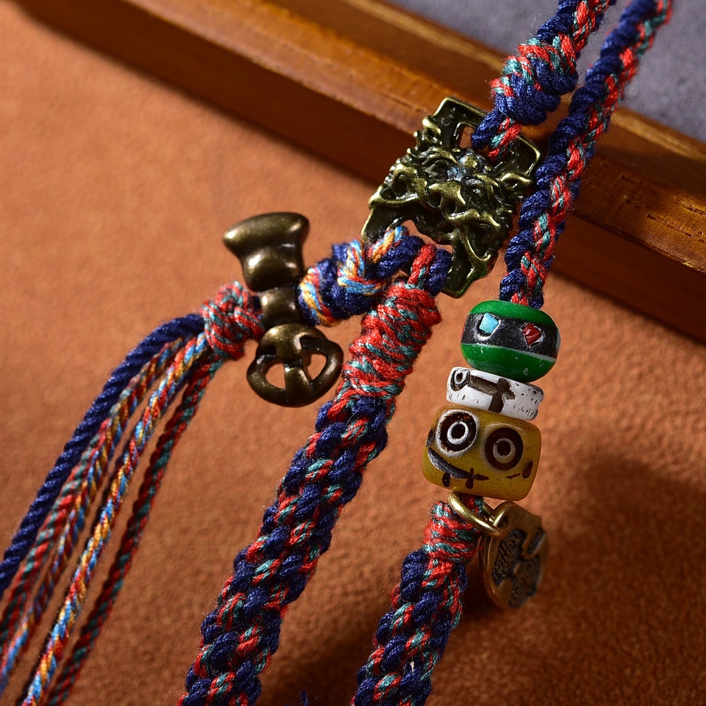 Tibetan Buddhist Traditional Tassel Handwoven Adjustable Cotton String Necklace - Vajra Knot, Brass Accessories & Ox Bone - Earth+Metal Element, Protection & Cultural Heritage