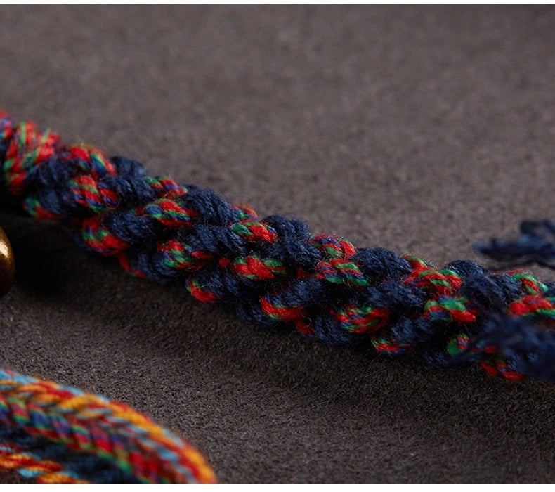 Tibetan Buddhist Traditional Tassel Handwoven Adjustable Cotton String Necklace - Vajra Knot, Brass Accessories & Ox Bone - Earth+Metal Element, Protection & Cultural Heritage