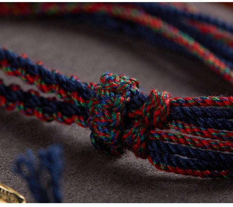 Tibetan Buddhist Traditional Tassel Handwoven Adjustable Cotton String Necklace - Vajra Knot, Brass Accessories & Ox Bone - Earth+Metal Element, Protection & Cultural Heritage