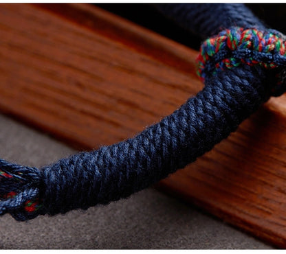 Tibetan Buddhist Traditional Tassel Handwoven Adjustable Cotton String Necklace - Vajra Knot, Brass Accessories & Ox Bone - Earth+Metal Element, Protection & Cultural Heritage