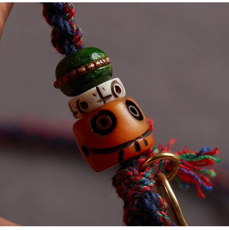 Tibetan Buddhist Traditional Tassel Handwoven Adjustable Cotton String Necklace - Vajra Knot, Brass Accessories & Ox Bone - Earth+Metal Element, Protection & Cultural Heritage