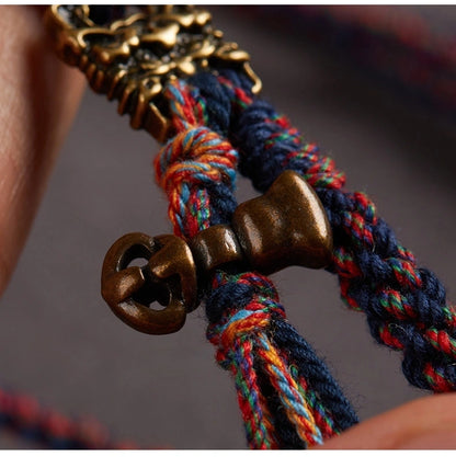 Tibetan Buddhist Traditional Tassel Handwoven Adjustable Cotton String Necklace - Vajra Knot, Brass Accessories & Ox Bone - Earth+Metal Element, Protection & Cultural Heritage