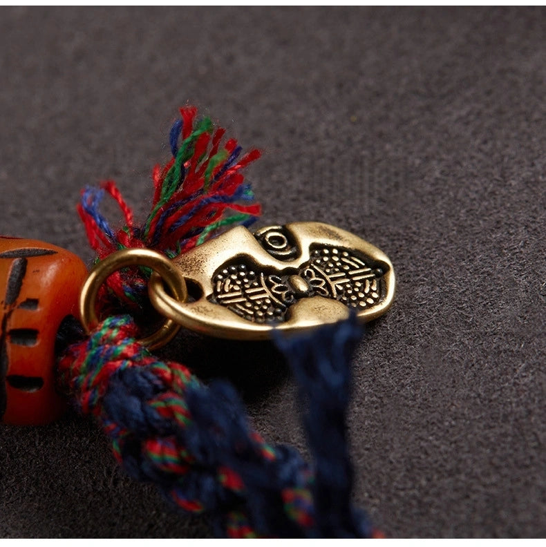 Tibetan Buddhist Traditional Tassel Handwoven Adjustable Cotton String Necklace - Vajra Knot, Brass Accessories & Ox Bone - Earth+Metal Element, Protection & Cultural Heritage