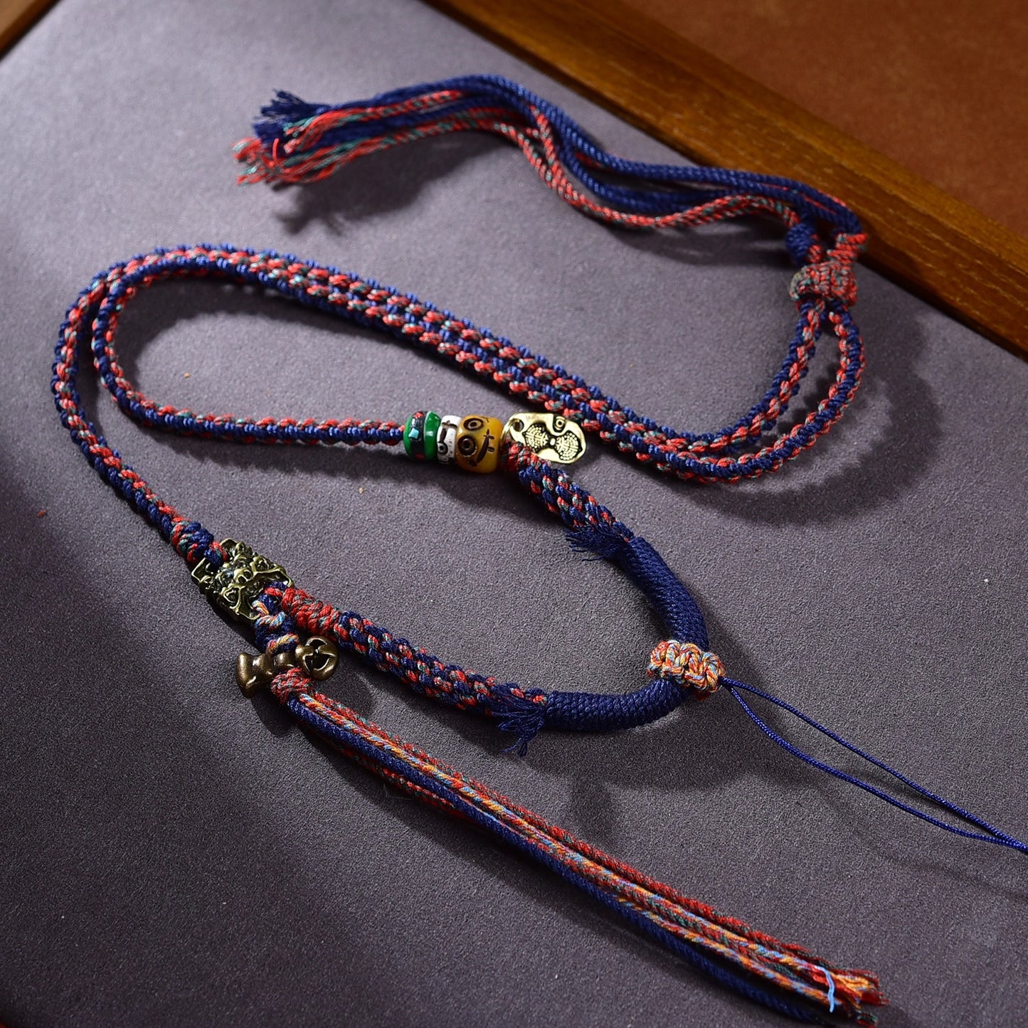 Tibetan Buddhist Traditional Tassel Handwoven Adjustable Cotton String Necklace - Vajra Knot, Brass Accessories & Ox Bone - Earth+Metal Element, Protection & Cultural Heritage