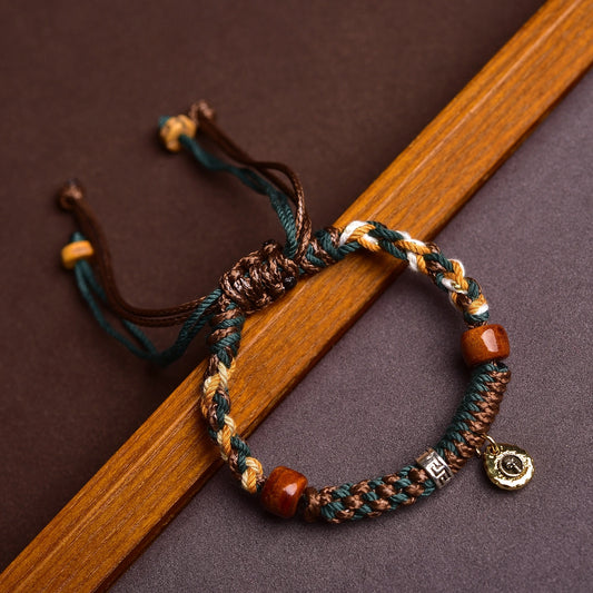 Tibetan Cotton & Leather Handwoven Adjustable Bracelet with Ox/Camel Bone & Skull Pendant - Ethnic Rough Style & Spiritual Symbolism