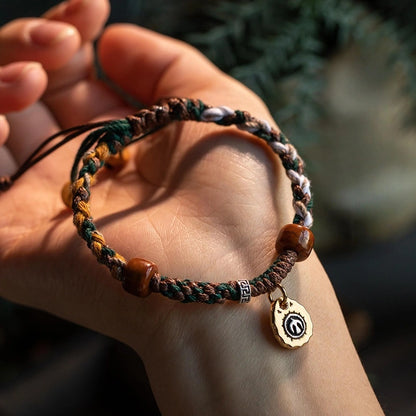 Tibetan Cotton & Leather Handwoven Adjustable Bracelet with Ox/Camel Bone & Skull Pendant - Ethnic Rough Style & Spiritual Symbolism