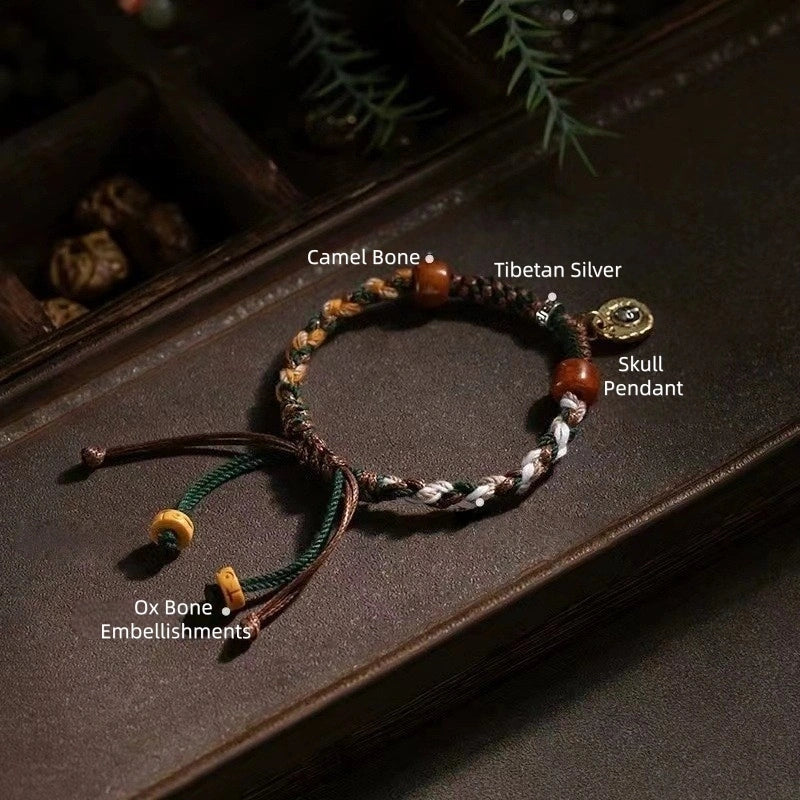 Tibetan Cotton & Leather Handwoven Adjustable Bracelet with Ox/Camel Bone & Skull Pendant - Ethnic Rough Style & Spiritual Symbolism