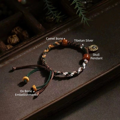 Tibetan Cotton & Leather Handwoven Adjustable Bracelet with Ox/Camel Bone & Skull Pendant - Ethnic Rough Style & Spiritual Symbolism