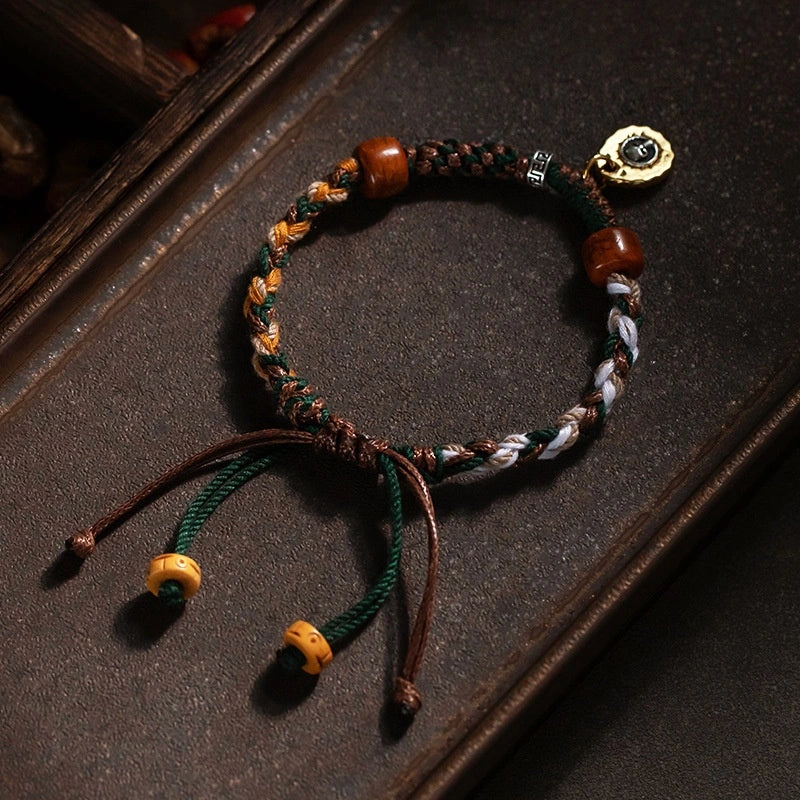 Tibetan Cotton & Leather Handwoven Adjustable Bracelet with Ox/Camel Bone & Skull Pendant - Ethnic Rough Style & Spiritual Symbolism
