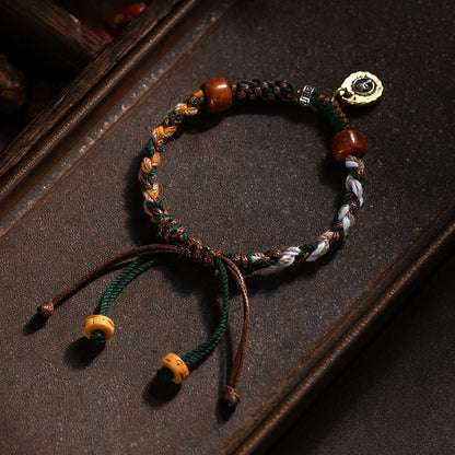 Tibetan Cotton & Leather Handwoven Adjustable Bracelet with Ox/Camel Bone & Skull Pendant - Ethnic Rough Style & Spiritual Symbolism