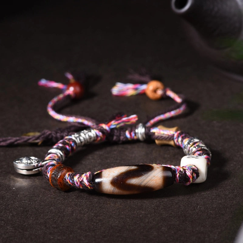 Tibetan Dzi Bead Bracelet with Ox Bone Dice & Tassels - Metal+Earth Element, Protection & Gamble Luck