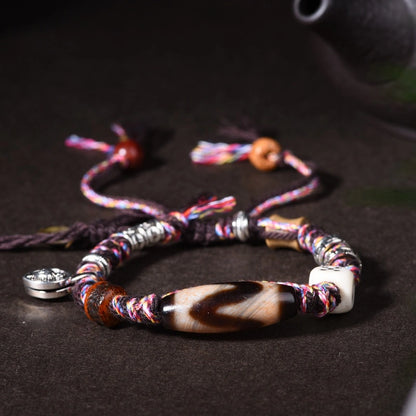 Tibetan Dzi Bead Bracelet with Ox Bone Dice & Tassels - Metal+Earth Element, Protection & Gamble Luck