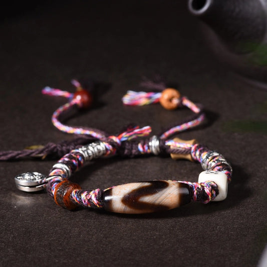 Tibetan Dzi Bead Bracelet with Ox Bone Dice & Tassels - Metal+Earth Element, Protection & Gamble Luck