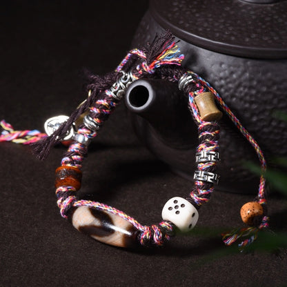 Tibetan Dzi Bead Bracelet with Ox Bone Dice & Tassels - Metal+Earth Element, Protection & Gamble Luck