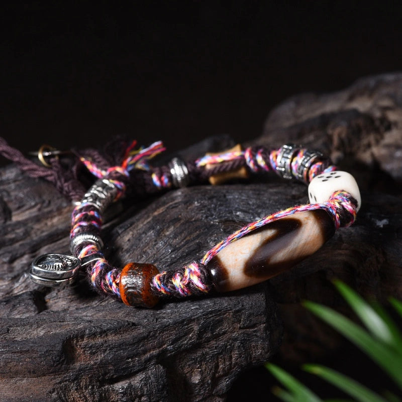 Tibetan Dzi Bead Bracelet with Ox Bone Dice & Tassels - Metal+Earth Element, Protection & Gamble Luck