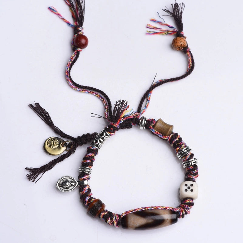 Tibetan Dzi Bead Bracelet with Ox Bone Dice & Tassels - Metal+Earth Element, Protection & Gamble Luck