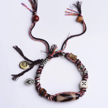 Tibetan Dzi Bead Bracelet with Ox Bone Dice & Tassels - Metal+Earth Element, Protection & Gamble Luck