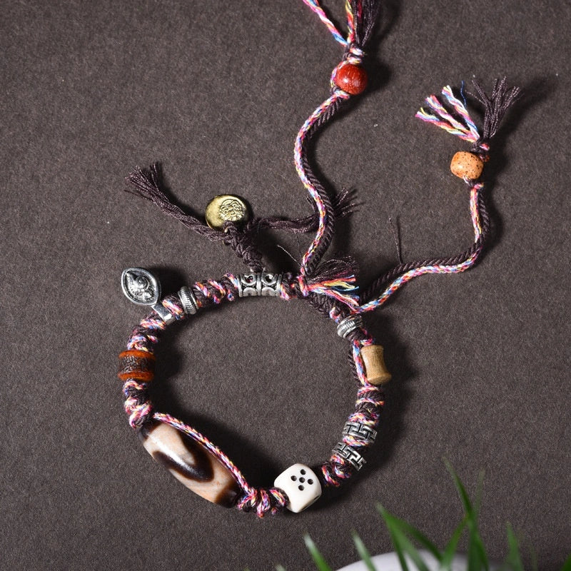 Tibetan Dzi Bead Bracelet with Ox Bone Dice & Tassels - Metal+Earth Element, Protection & Gamble Luck