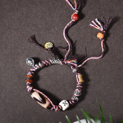 Tibetan Dzi Bead Bracelet with Ox Bone Dice & Tassels - Metal+Earth Element, Protection & Gamble Luck
