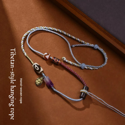 Tibetan Dzi Bead & Cloisonné String Necklace - King Knot Adjustable Handmade Cord