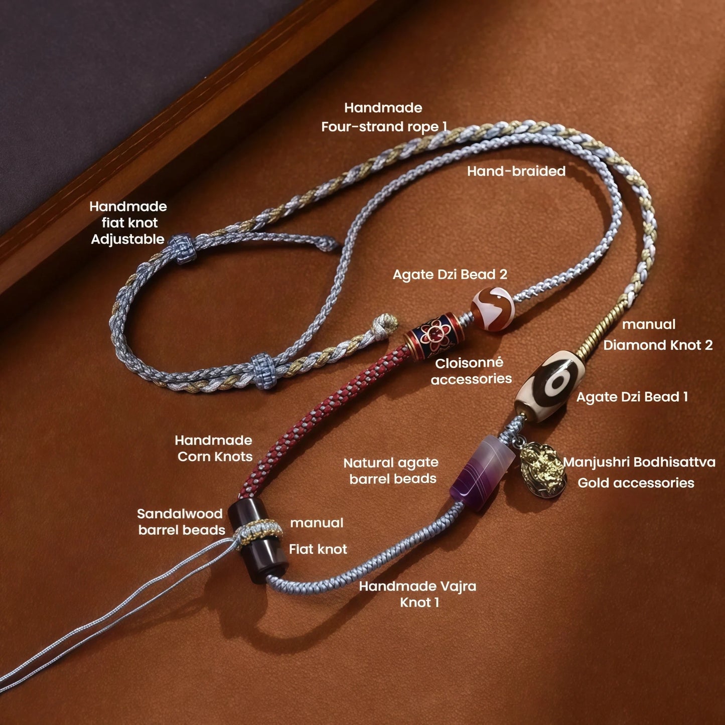 Tibetan Dzi Bead & Cloisonné String Necklace - King Knot Adjustable Handmade Cord