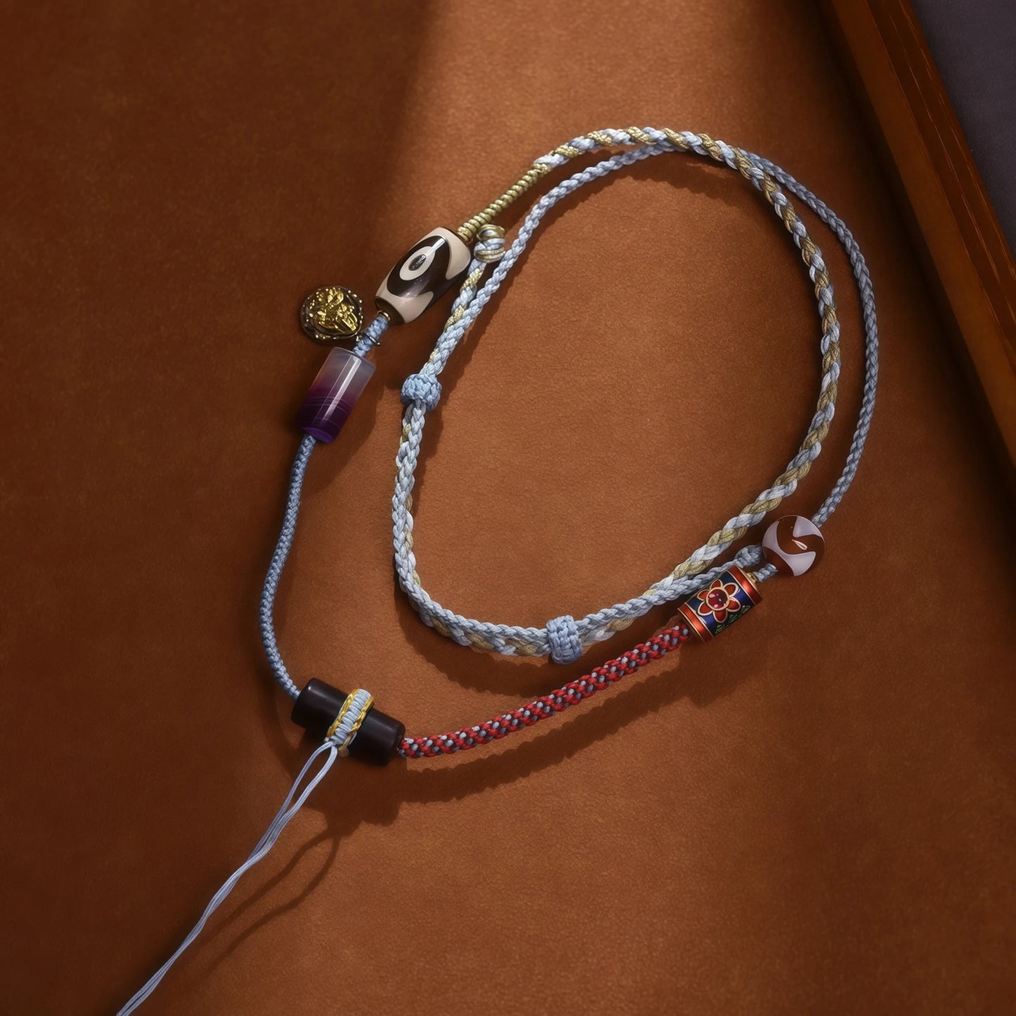 Tibetan Dzi Bead & Cloisonné String Necklace - King Knot Adjustable Handmade Cord