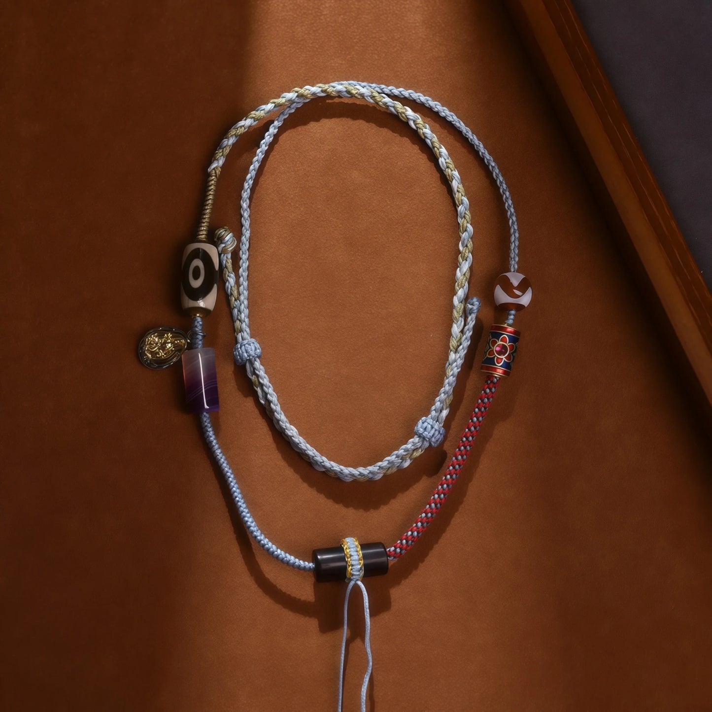 Tibetan Dzi Bead & Cloisonné String Necklace - King Knot Adjustable Handmade Cord