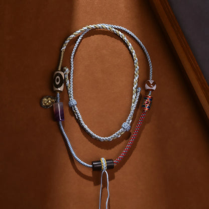 Tibetan Dzi Bead & Cloisonné String Necklace - King Knot Adjustable Handmade Cord