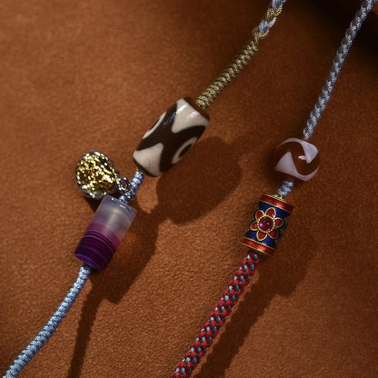 Tibetan Dzi Bead & Cloisonné String Necklace - King Knot Adjustable Handmade Cord